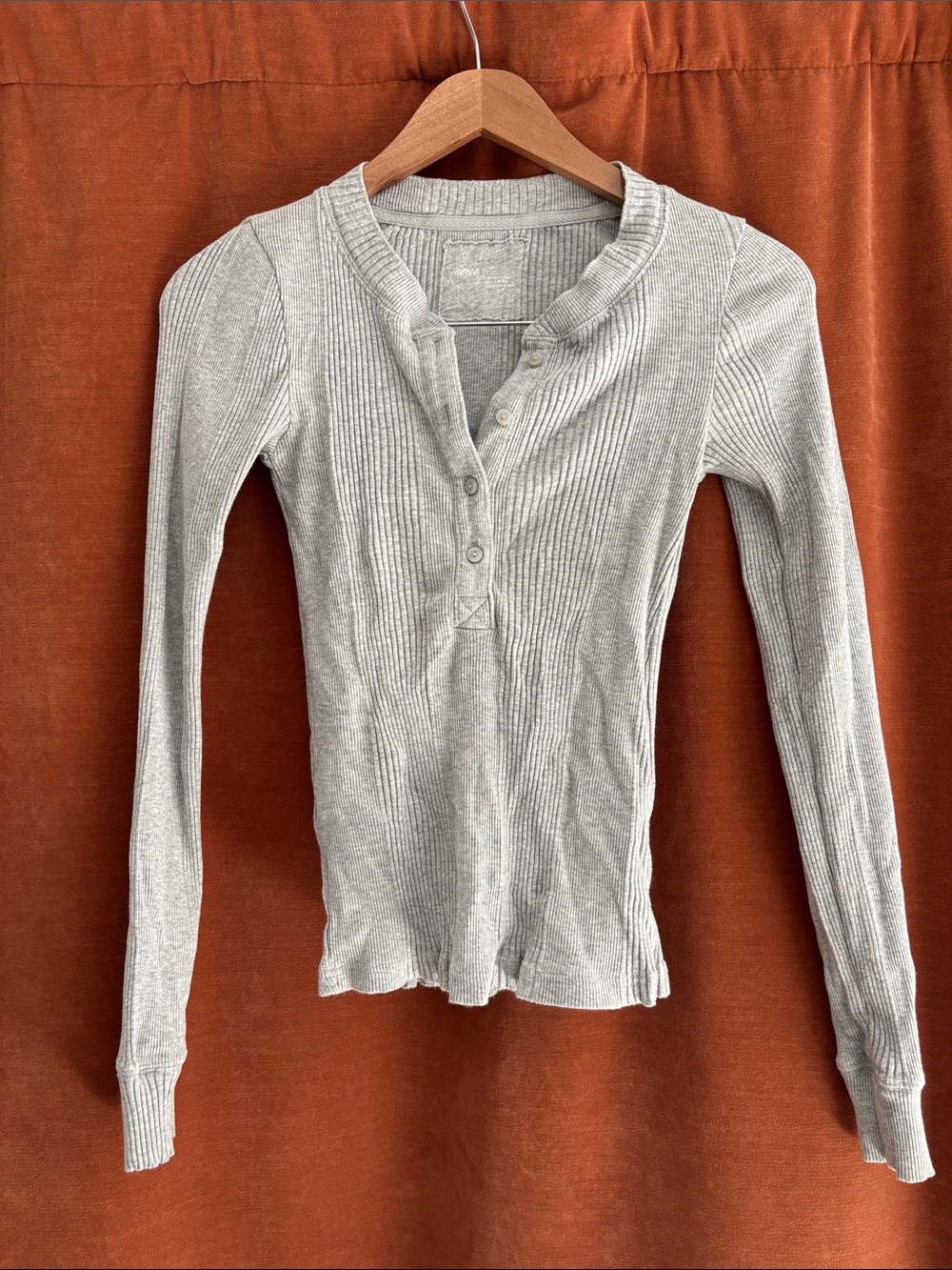 aerie Light Gray Ribbed Henley Long-Sleeve Top
